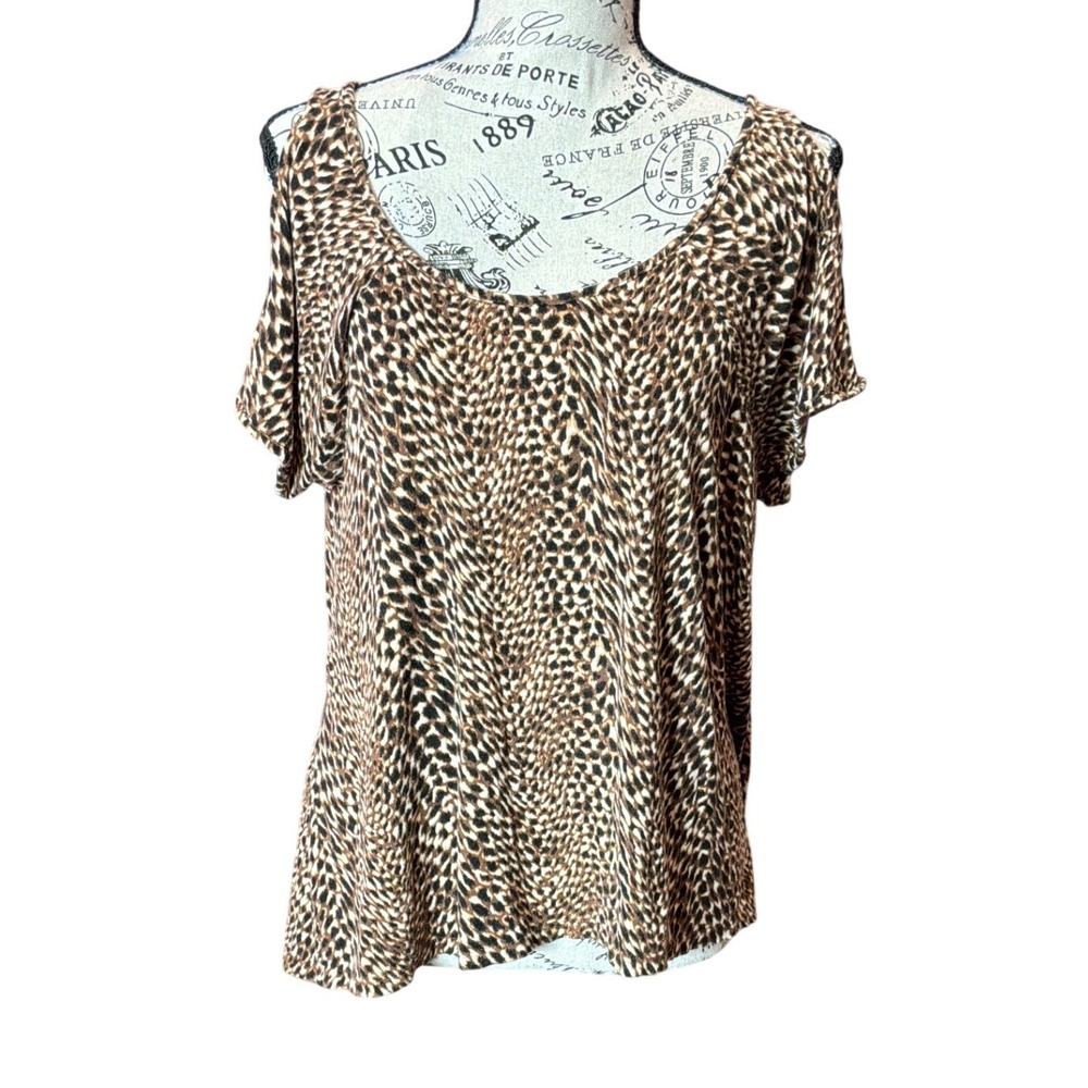 Apt 9 Womens XL‎ Brown Animal Print Cold Shoulder Scoop Neck Rayon Blouse Top